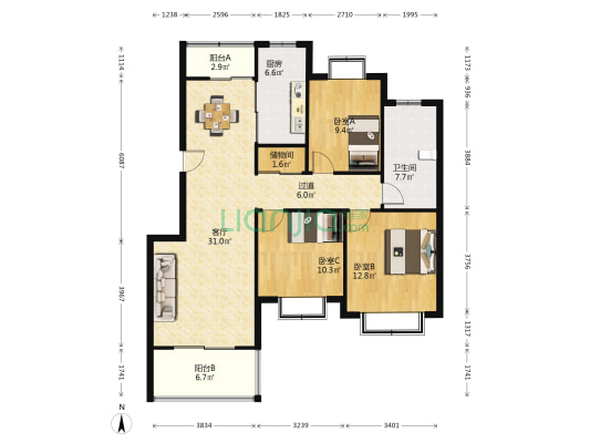 宝莲湖景园 3室1厅1卫 120平方