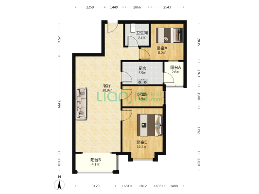 高铁东站朝南小三居，视野开阔没有遮挡-户型图