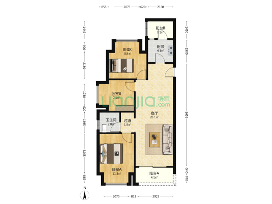 卓越蔚蓝城 3室1厅1卫 82平方