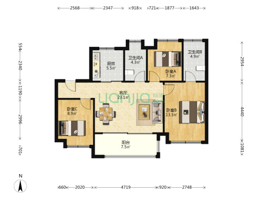 新城千禧公园 3室1厅2卫 98平方