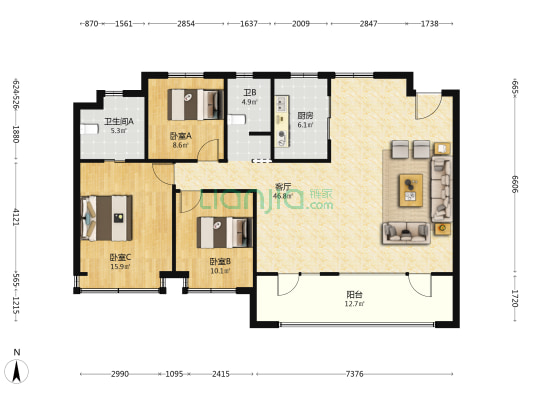 金基嘉玥 3室1厅2卫 143平方