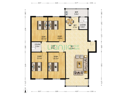梅江二小区 4室2厅2卫 165平方