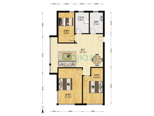 融创金成西溪海 3室1厅1卫 88平方
