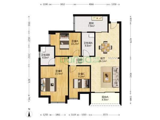 凤翔居A区 3室1厅2卫 107平方