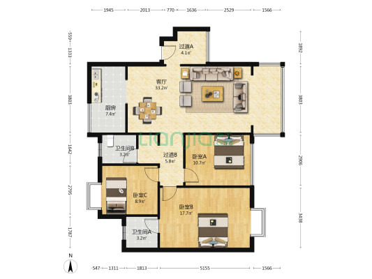 佳和世纪城 3室1厅2卫 105平方