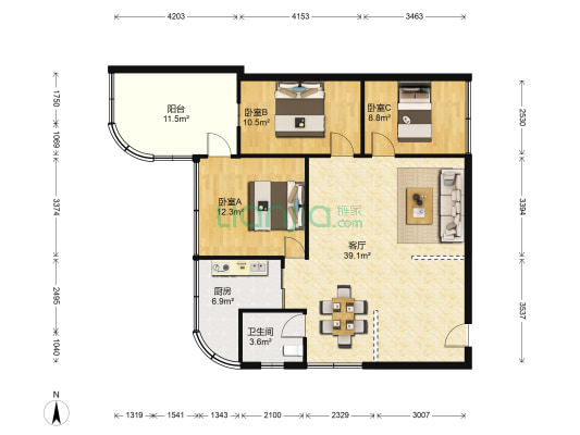 金汉花园 3室1厅1卫 96平方