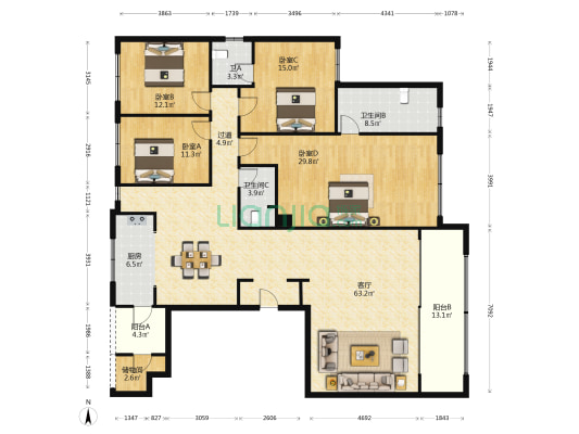 鲁能泰山7号三街区 4室1厅3卫 205平方