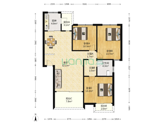 万科四季花城铃兰苑 3室1厅1卫 108平方