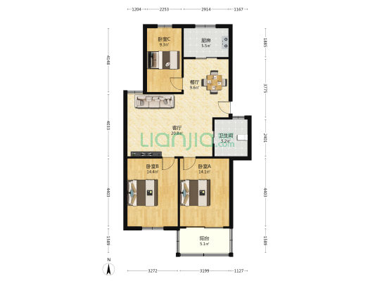 金淳花园 3室2厅1卫 100平方