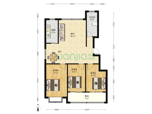 鑫城金源府邸南区 3室1厅1卫 117平方