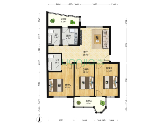 正新花园 3室1厅2卫 98平方