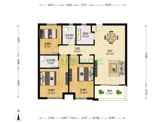 新建城B6 3室1厅2卫 107平方