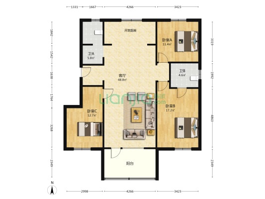 金地时代风华 3室1厅2卫 126平方