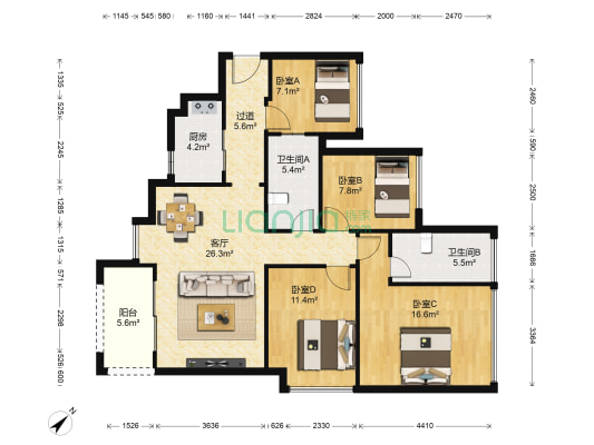 建曙高尔夫1号 4室1厅2卫 98平方