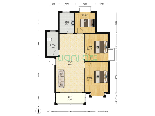 贵州省经济学校教师宿舍 3室1厅1卫 100平方