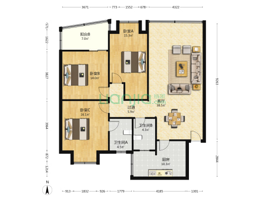 部队还房 3室1厅2卫 126平方