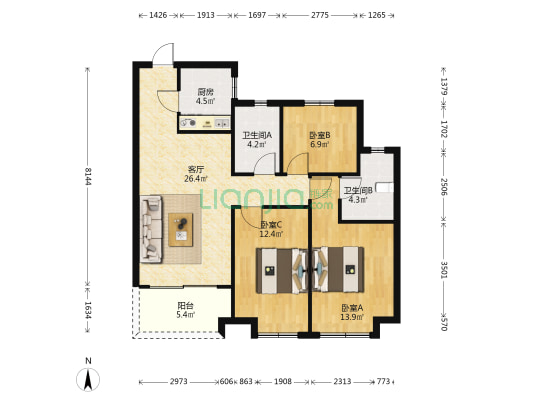宝龙名仕豪庭 3室1厅2卫 97平方