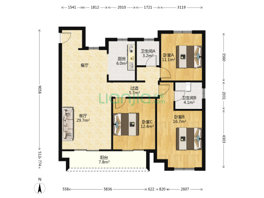 千禧城四期公园时代 3室1厅2卫 129平方