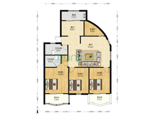 韵山雅景 4室2厅2卫 128平方