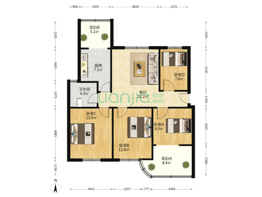 军分区干部住宅楼 4室1厅1卫 100平方