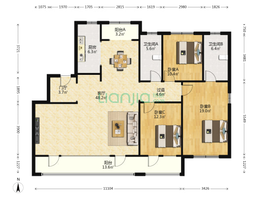 融创东山府一区 3室1厅2卫 287平方