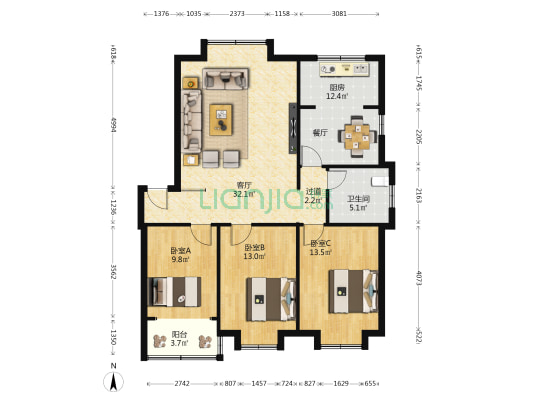 三龙福临家园 3室1厅1卫 106平方