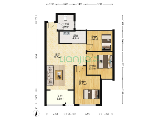 陶然名苑 3室1厅1卫 85平方