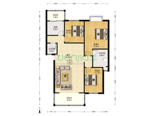 馨康花园 3室1厅2卫 124平方