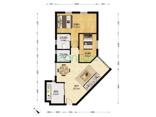 民安广场 2室1厅2卫 86平方