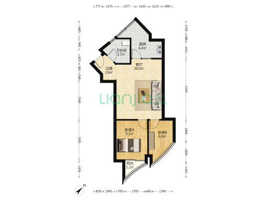 江铃中山滨江 2室1厅1卫 64平方