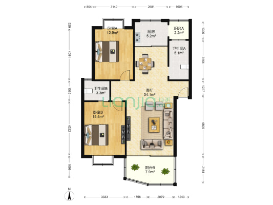 景江豪城 2室1厅2卫 108平方
