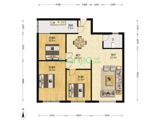 草帽街2号小区 3室2厅1卫 115平方