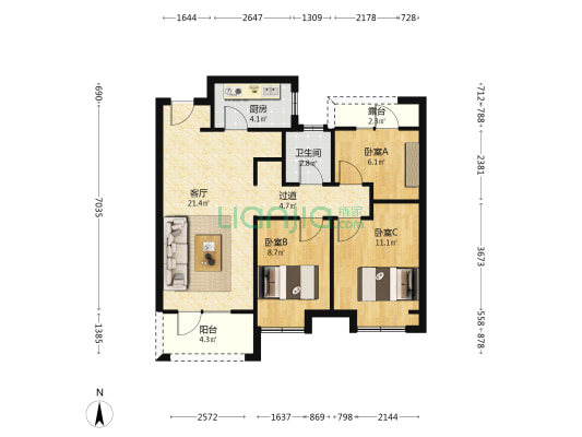 绿地德迈珑璟台 3室1厅1卫 91平方