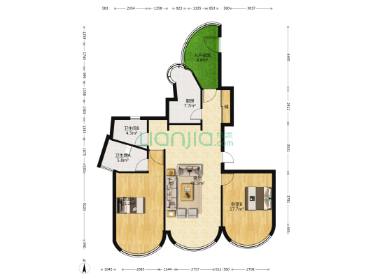 苏宁滨江壹号 2室1厅2卫 136平方