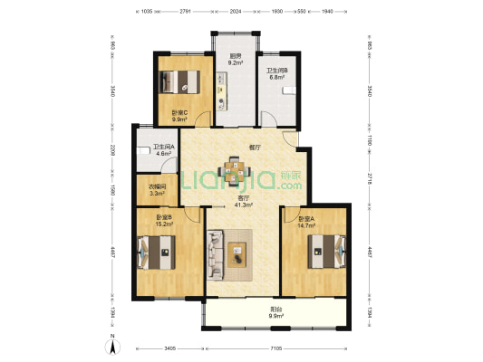 永怡家园 3室1厅2卫 142平方