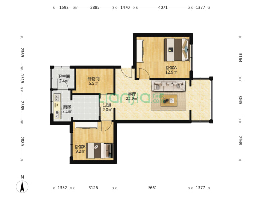 艺术家苑 2室1厅1卫 77平方