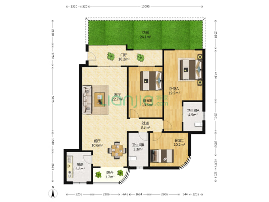 巴比伦花园 3室2厅2卫 129平方