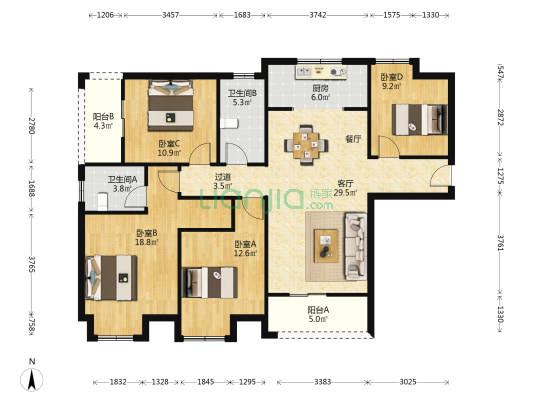 光航城 4室1厅2卫 142平方