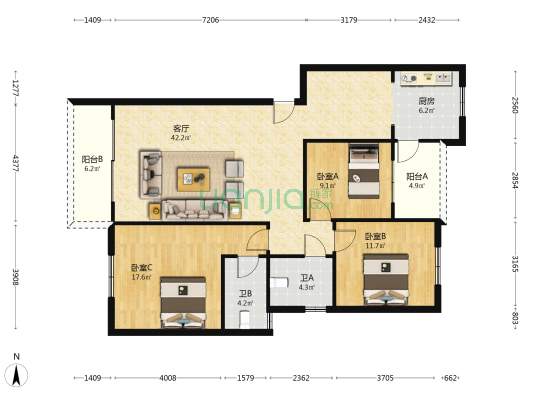 绿洲湾小区 3室1厅2卫 123平方