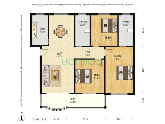 安心小区 3室1厅2卫 137平方