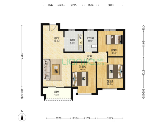 大洋湾新城 3室1厅1卫 91平方
