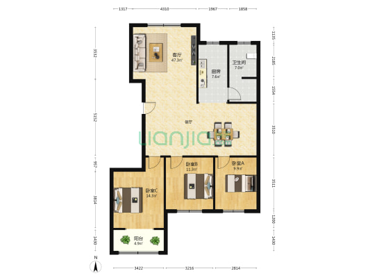 新闻佳苑 3室1厅1卫 137平方