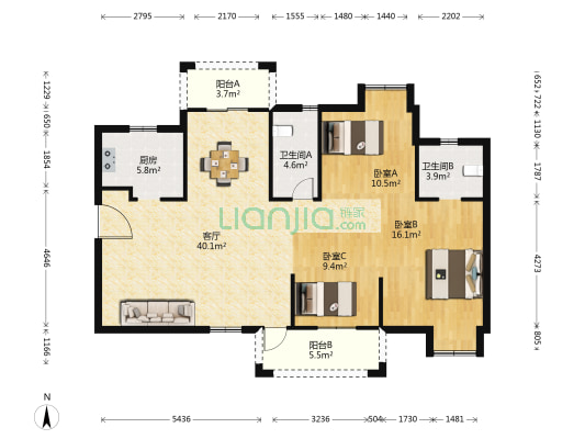 新长江香榭澜溪三期 3室1厅2卫 130平方