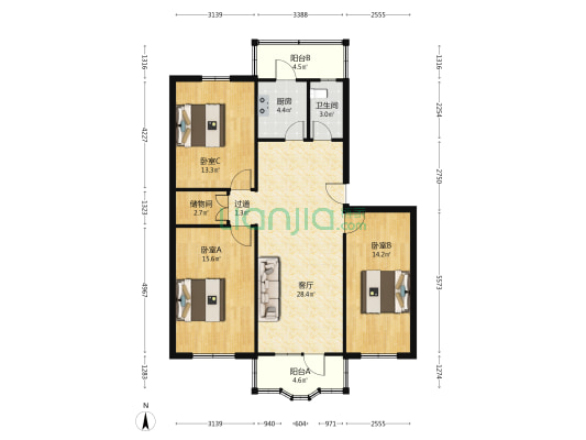 工商局宿舍楼 3室1厅1卫 107平方