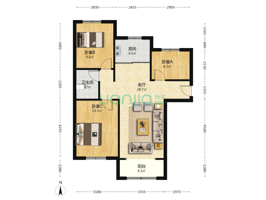 高铁狮子城南北通透户型.采光好.出行方便.-户型图