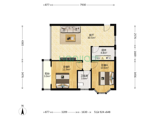 适合三口之家，户型简单，功能性合理，居家舒适度高-户型图