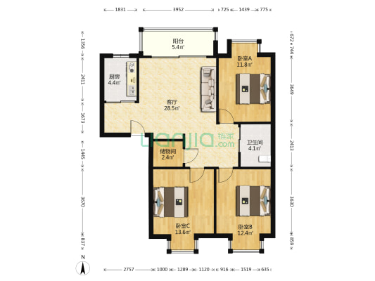 诚鸿花苑 3室1厅1卫 96平方
