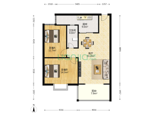 逸都花园 2室1厅1卫 90平方