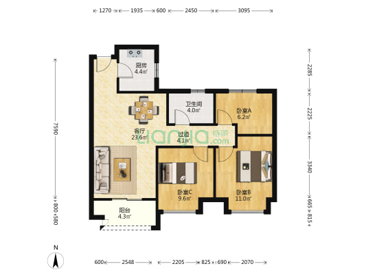 正和景园 3室1厅1卫 88平方