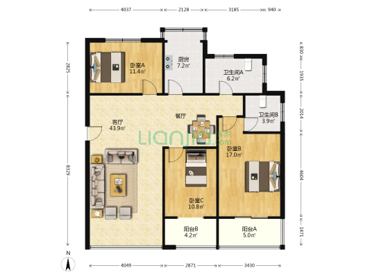 城南路206号院 3室1厅2卫 137平方
